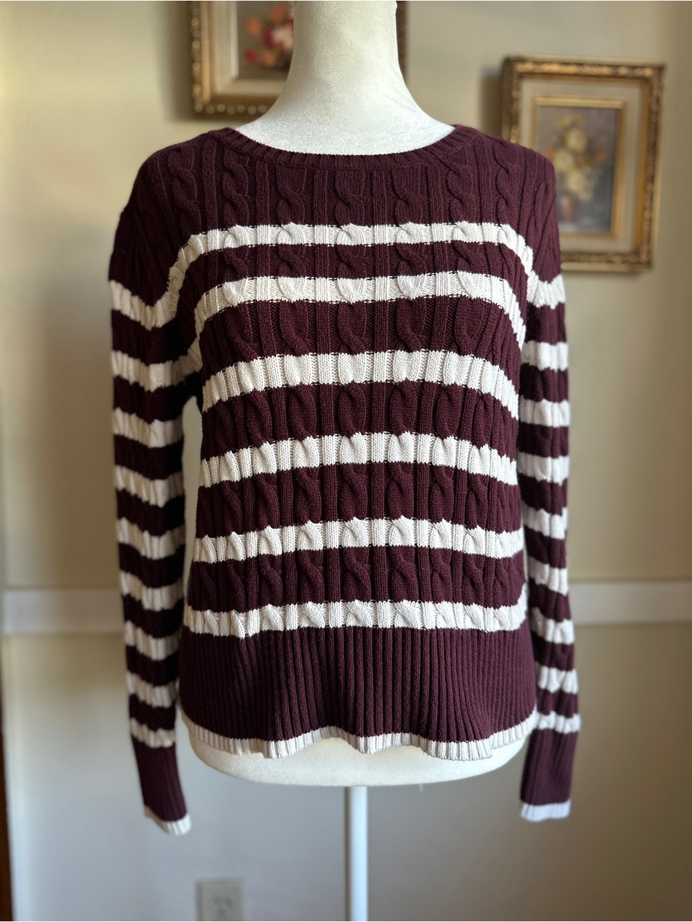 100% Cotton Lands' End Burgundy and White Striped Cable Crewneck Sweater XS